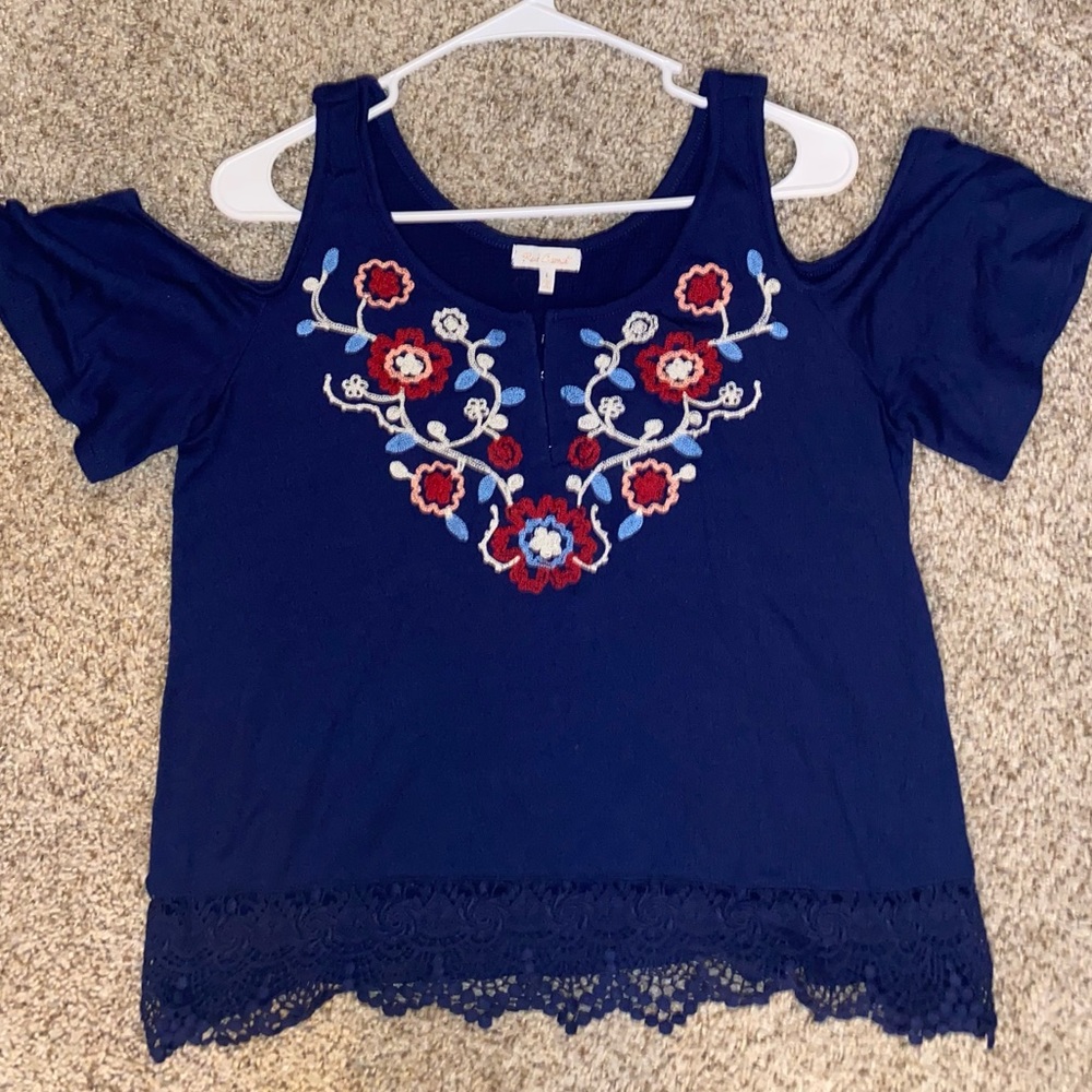 Red Camel Embroidered Cold Shoulder Top